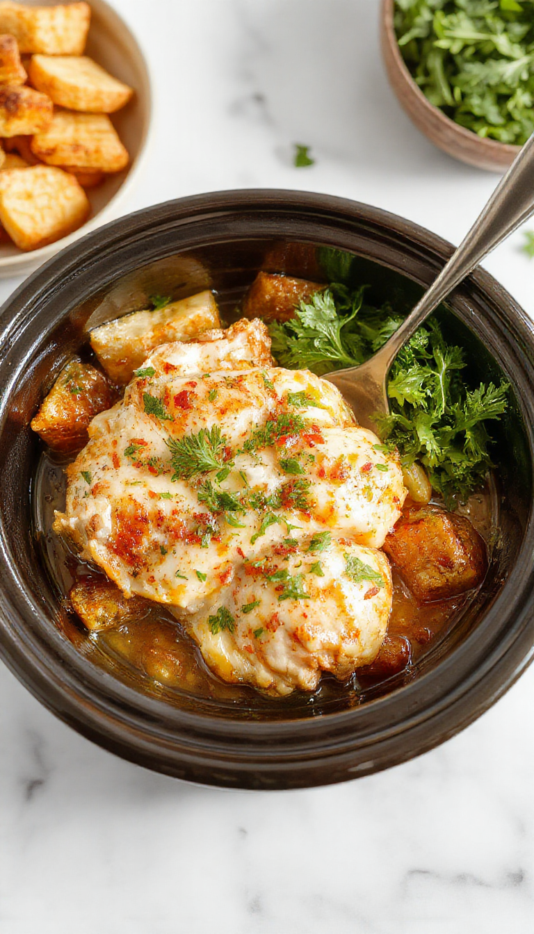 A close-up of a creamy chicken dish served in a rustic white bowl, topped with fresh herbs and a sprinkle of red pepper flakes, with a spoon resting on the side. The dish has a rich, golden-brown color with a smooth, glossy sauce, garnished with chopped parsley, set on a wooden table with a soft-focus background of herbs and seasonings.