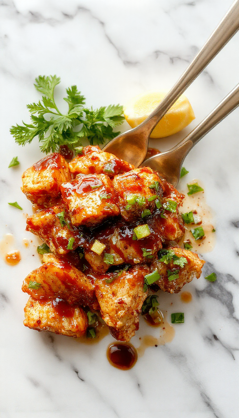A vibrant bowl of tender Crockpot Teriyaki Chicken with glazed caramelized sauce, garnished with sliced green onions and sesame seeds, served alongside steamed rice on a sleek white plate with a wooden background.