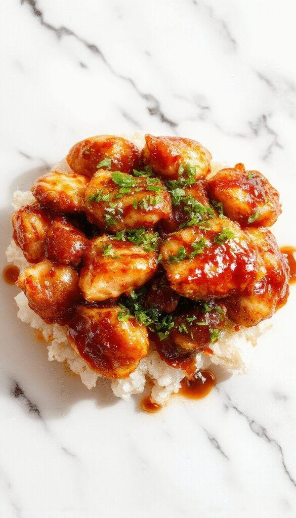Colorful plate of shredded crockpot teriyaki chicken glazed with shiny teriyaki sauce, garnished with sesame seeds and chopped green onions, served over steamed rice, with a vibrant backdrop of fresh vegetables and a rustic wooden table.