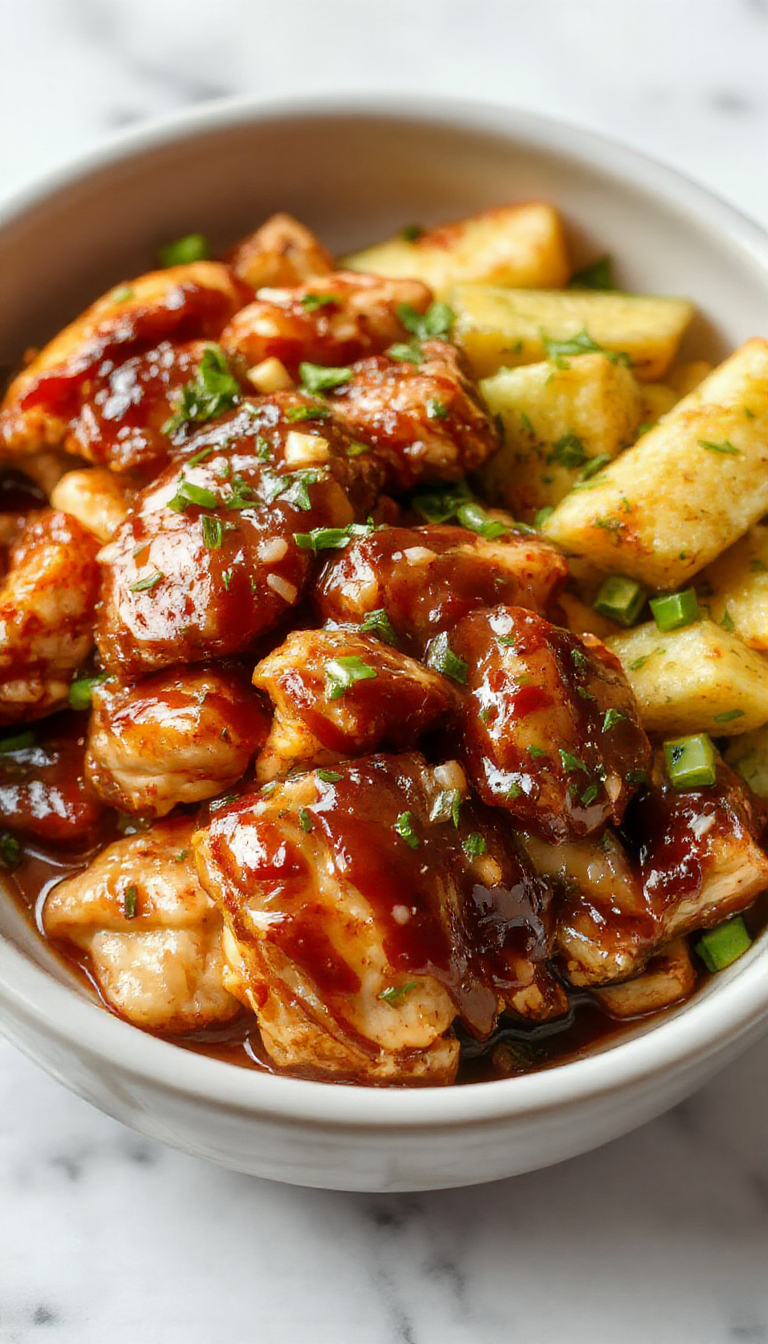 A vibrant plate featuring tender shredded crockpot teriyaki chicken glazed with glossy sauce, garnished with chopped green onions and sesame seeds, arranged neatly on a white ceramic dish with chopsticks resting on the side, set against a rustic wooden table with vibrant colors and textures highlighting the savory dish.