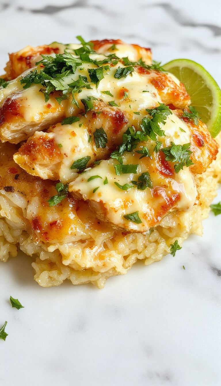 Colorful plated chicken tzatziki rice featuring tender baked chicken pieces atop fluffy white rice mixed with chopped cucumbers, fresh herbs, and creamy tzatziki sauce. The dish is garnished with sprigs of dill and lemon slices, styled on a rustic plate, showcasing vibrant green, white, and golden hues with a textured surface of rice contrasted by juicy chicken pieces and smooth sauce.