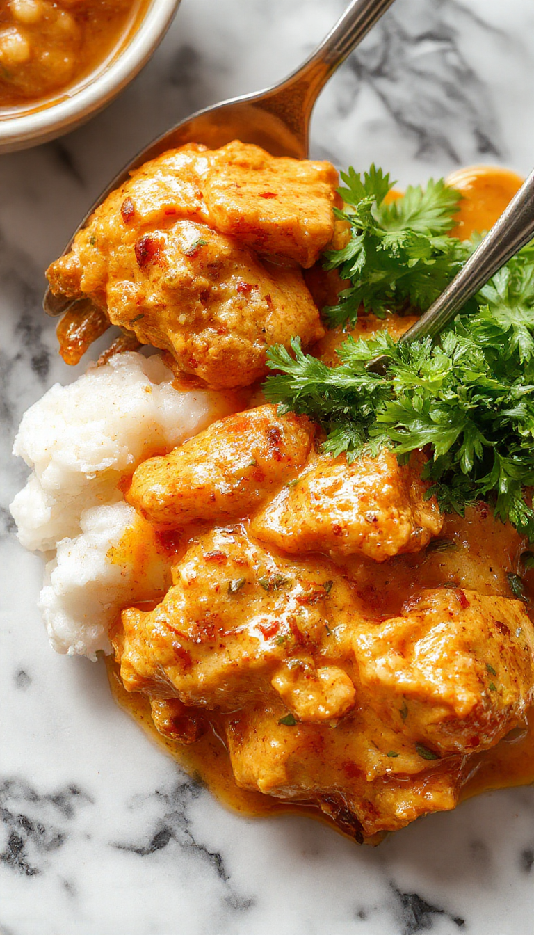 A vibrant plate of homemade butter chicken featuring tender pieces of chicken coated in rich, golden butter sauce. The dish is garnished with fresh cilantro and served on a white plate against a rustic wooden background, with a side of fragrant basmati rice. The textures showcase velvety sauce and juicy chicken, styled simply but appetizingly, evoking warmth and comfort.
