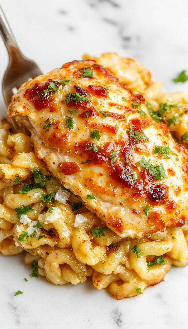 A vibrant plate featuring tender Monterey Chicken with golden-brown crust topped with melted cheese, served alongside perfectly cooked orzo pasta garnished with fresh herbs, on a rustic wooden table with colorful vegetables in the background.