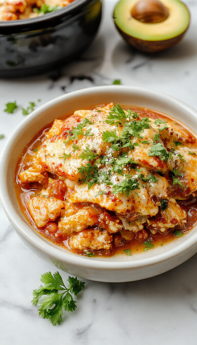 A colorful plate featuring shredded chicken layered with rich red enchilada sauce, melted cheese, and garnished with fresh cilantro, served alongside crispy tortilla chips on a rustic wooden table.