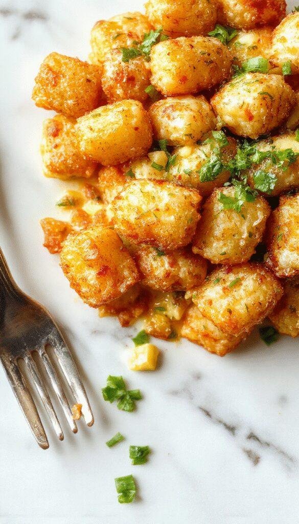 A vibrant plate of tater tot casserole topped with melted cheese and cooked to golden crisp, garnished with fresh herbs, served alongside a fresh salad on a rustic wooden table, with steam rising highlighting its warm, cheesy texture