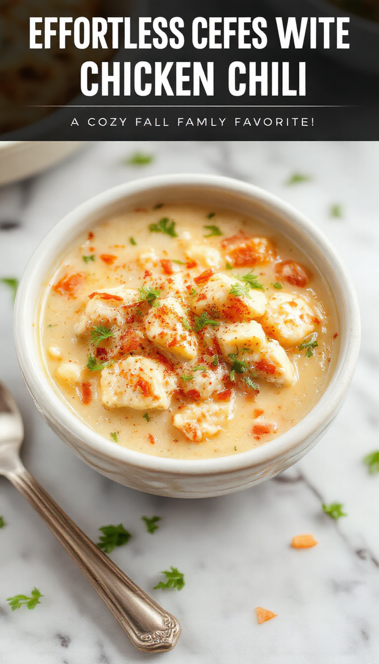 A steaming bowl of creamy white chicken chili garnished with fresh herbs and served with warm bread on a rustic table.