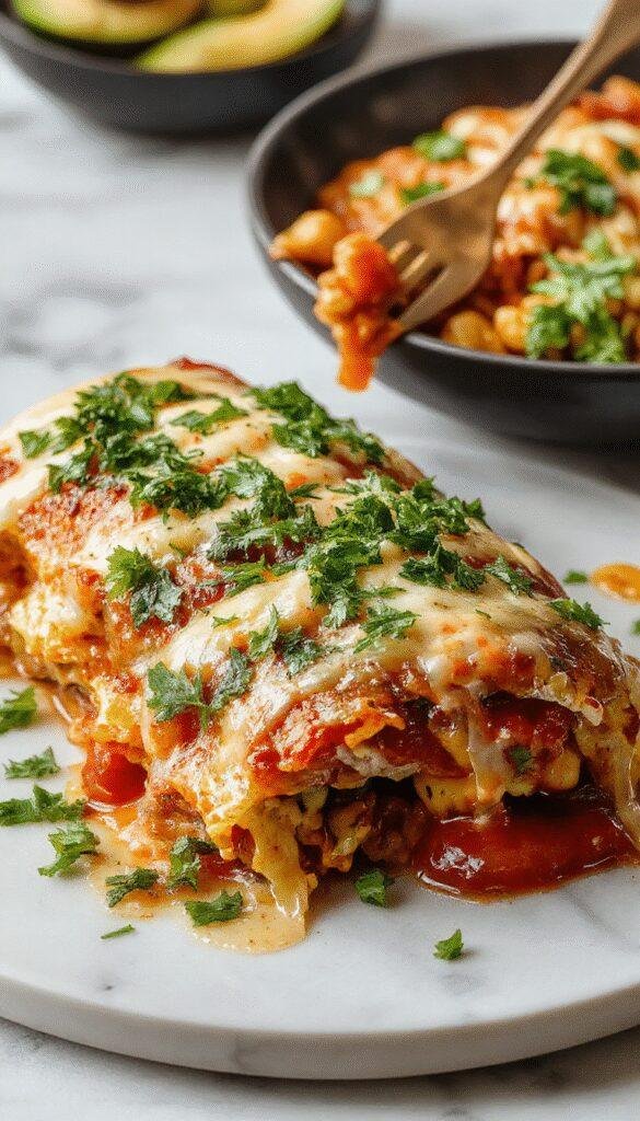A colorful plate of Effortless Enchilada Extravaganza featuring layered tortillas, melted cheese, juicy enchilada sauce, garnished with fresh herbs.