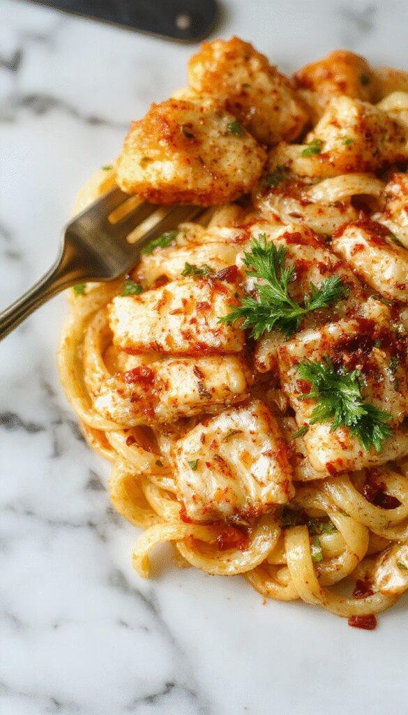 A plate of Honey Pepper Chicken Pasta featuring tender chicken strips, roasted peppers, and pasta tossed in a glossy honey pepper sauce, garnished with fresh herbs.