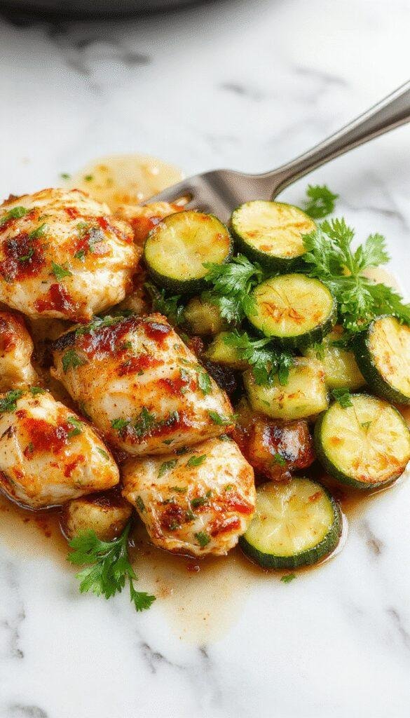 A steaming skillet of Mediterranean chicken and zucchini garnished with herbs, showcasing a colorful, healthy, one-pan dish.