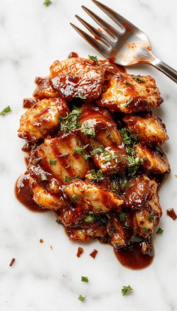 Juicy and tender teriyaki chicken cooking in a slow cooker with a glossy sauce glaze, garnished with sesame seeds and green onions.