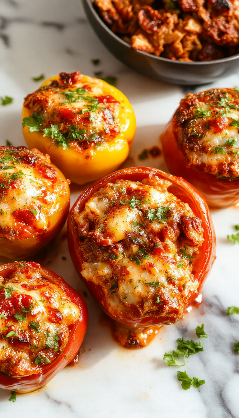 Colorful stuffed bell peppers filled with rice and vegetables on a plate