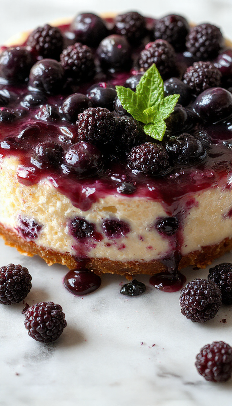 A stunning slice of midnight blue blueberry cheesecake topped with fresh blueberries and a drizzle of glaze, set on an elegant dessert plate.
