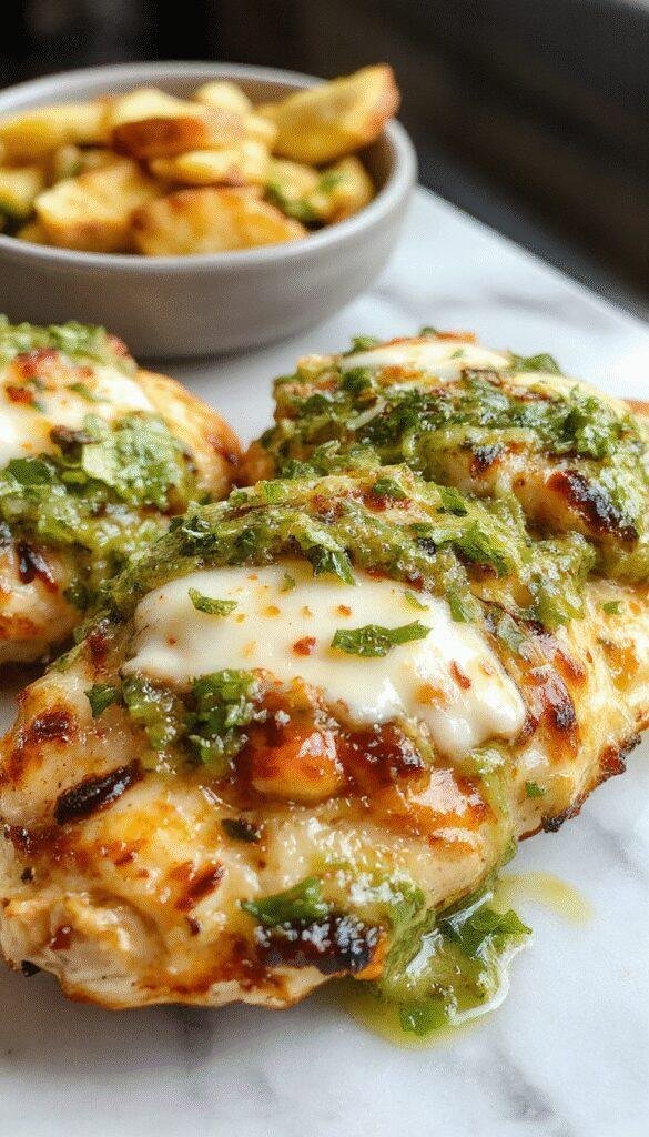 Colorful plated grilled chicken topped with vibrant green salsa verde and melted pepper jack cheese, garnished with fresh cilantro, set on a rustic wooden table with lime wedges and sliced jalapenos, highlighting the juicy texture of the chicken and the zesty, cheesy toppings.