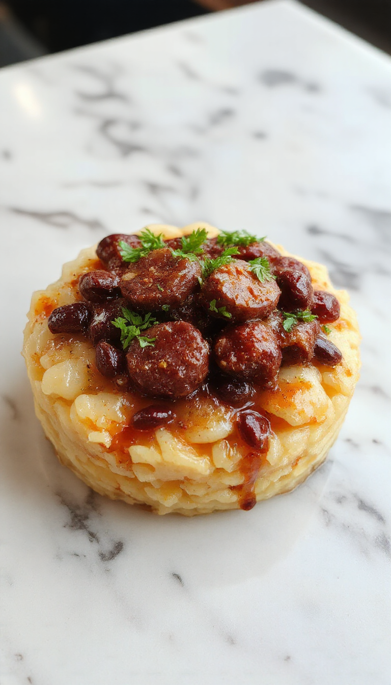 A vibrant plate of black beans and rice topped with crispy sausage slices, garnished with chopped cilantro and lime wedges, colorful peppers on a rustic wooden table.