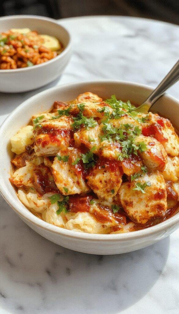 Colorful chicken burrito bowl arranged on a rustic wooden platter featuring grilled chicken strips, vibrant diced tomatoes, fresh lettuce, creamy avocado slices, shredded cheese, and a drizzle of sour cream. The dish is garnished with cilantro and lime wedges, with a side of tortilla chips and a bowl of salsa, all styled for an inviting presentation with bright lighting highlighting textures and fresh ingredients.