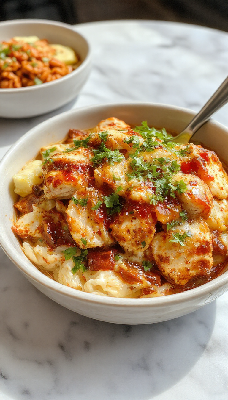 Colorful chicken burrito bowl arranged on a rustic wooden platter featuring grilled chicken strips, vibrant diced tomatoes, fresh lettuce, creamy avocado slices, shredded cheese, and a drizzle of sour cream. The dish is garnished with cilantro and lime wedges, with a side of tortilla chips and a bowl of salsa, all styled for an inviting presentation with bright lighting highlighting textures and fresh ingredients.