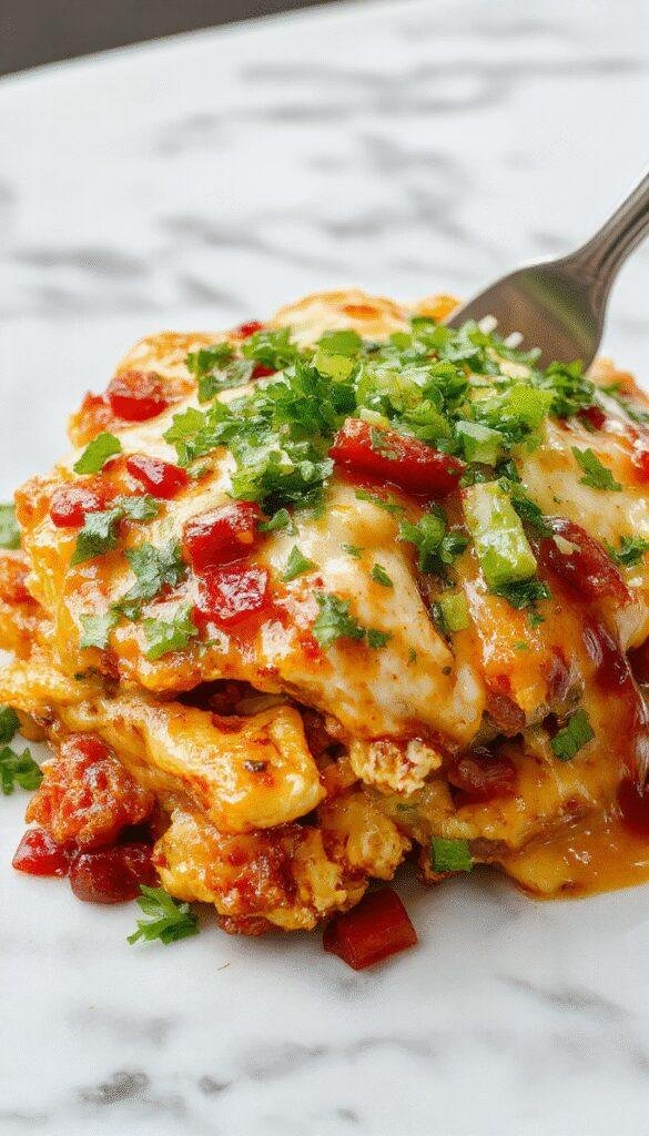 A vibrant chicken burrito casserole served in a ceramic dish topped with melted cheese, fresh cilantro, and sliced jalapenos. The casserole reveals layers of seasoned chicken, rice, beans, and gooey cheese, with a colorful garnish on top. The background shows a rustic kitchen setting, emphasizing the comforting, cheesy texture and inviting presentation.