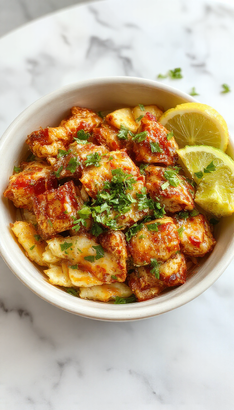 A vibrant firecracker chicken bowl featuring spicy grilled chicken slices, colorful vegetables, and a drizzle of sauce in a bowl.