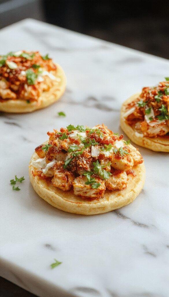 A vibrant plate of rotisserie chicken tostadas featuring golden crispy tortillas topped with shredded rotisserie chicken, fresh diced tomatoes, shredded lettuce, melted cheese, and colorful garnishes, all arranged attractively with a rustic wooden background and sprigs of cilantro.