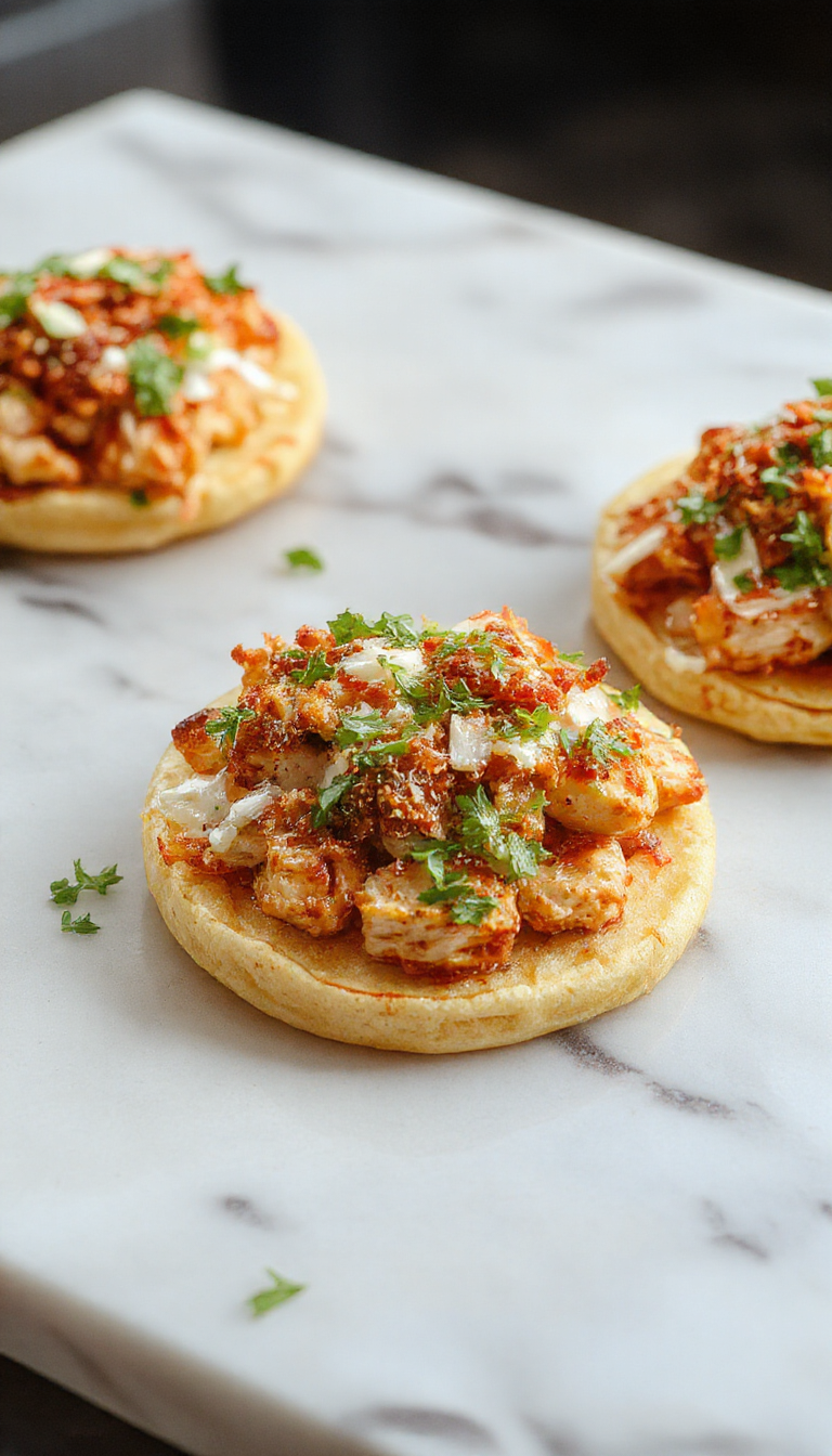 A vibrant plate of rotisserie chicken tostadas featuring golden crispy tortillas topped with shredded rotisserie chicken, fresh diced tomatoes, shredded lettuce, melted cheese, and colorful garnishes, all arranged attractively with a rustic wooden background and sprigs of cilantro.