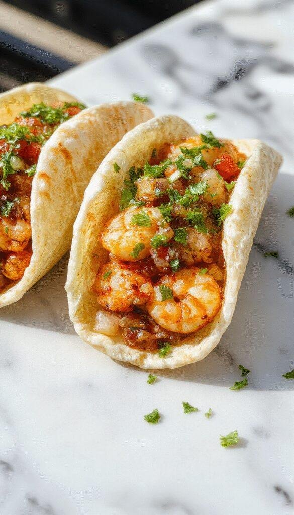 Colorful shrimp tacos arranged on a rustic white plate topped with vibrant diced tomatoes, fresh cilantro, and thinly sliced red onions. The tacos are in crispy corn tortillas with a slight char, garnished with lime wedges and drizzled with a tangy sauce. The background has a blurred hint of a wooden table and scattered cilantro leaves, highlighting the fresh ingredients and appealing textures.