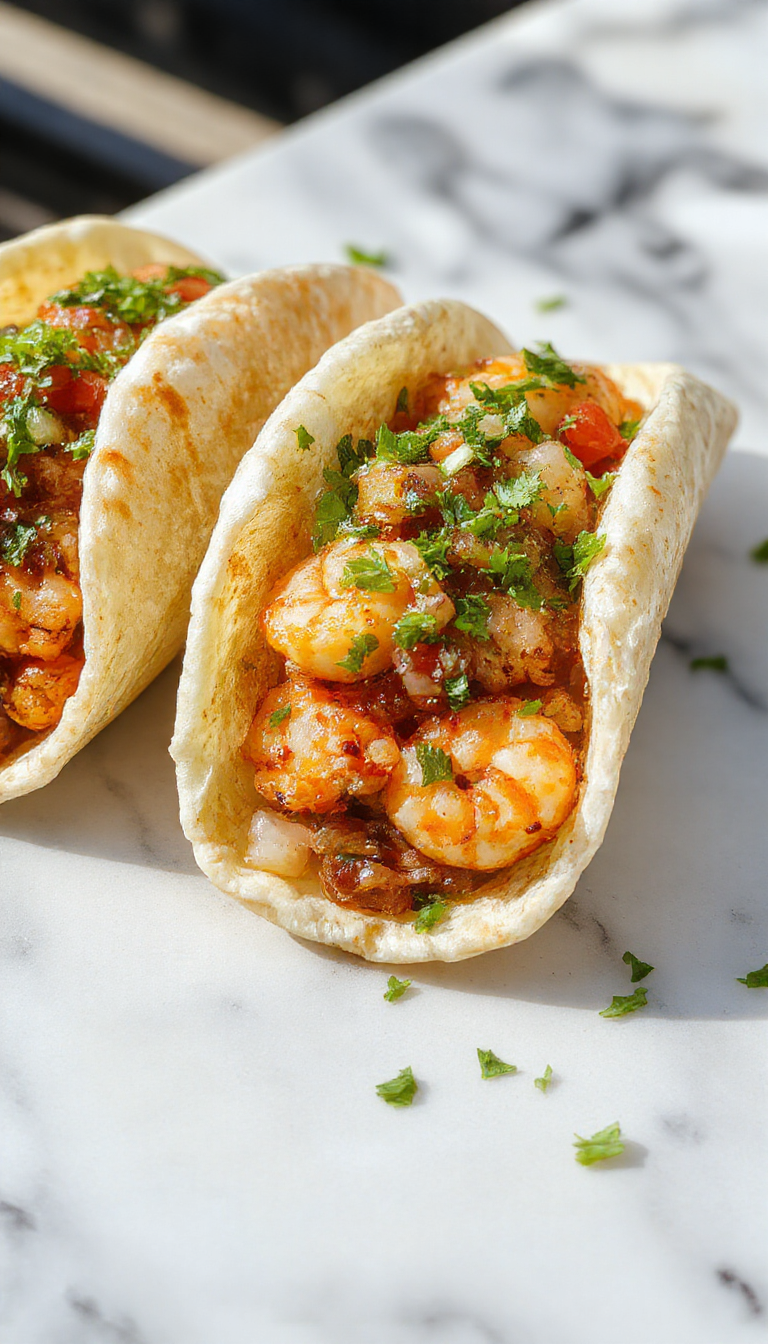 Colorful shrimp tacos arranged on a rustic white plate topped with vibrant diced tomatoes, fresh cilantro, and thinly sliced red onions. The tacos are in crispy corn tortillas with a slight char, garnished with lime wedges and drizzled with a tangy sauce. The background has a blurred hint of a wooden table and scattered cilantro leaves, highlighting the fresh ingredients and appealing textures.