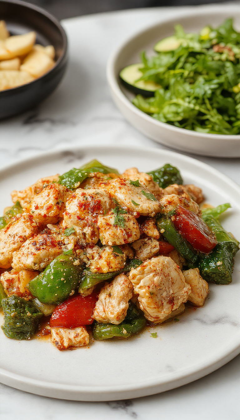 Colorful turkey and bell pepper stir-fry served in a white bowl with vegetables and sauce.