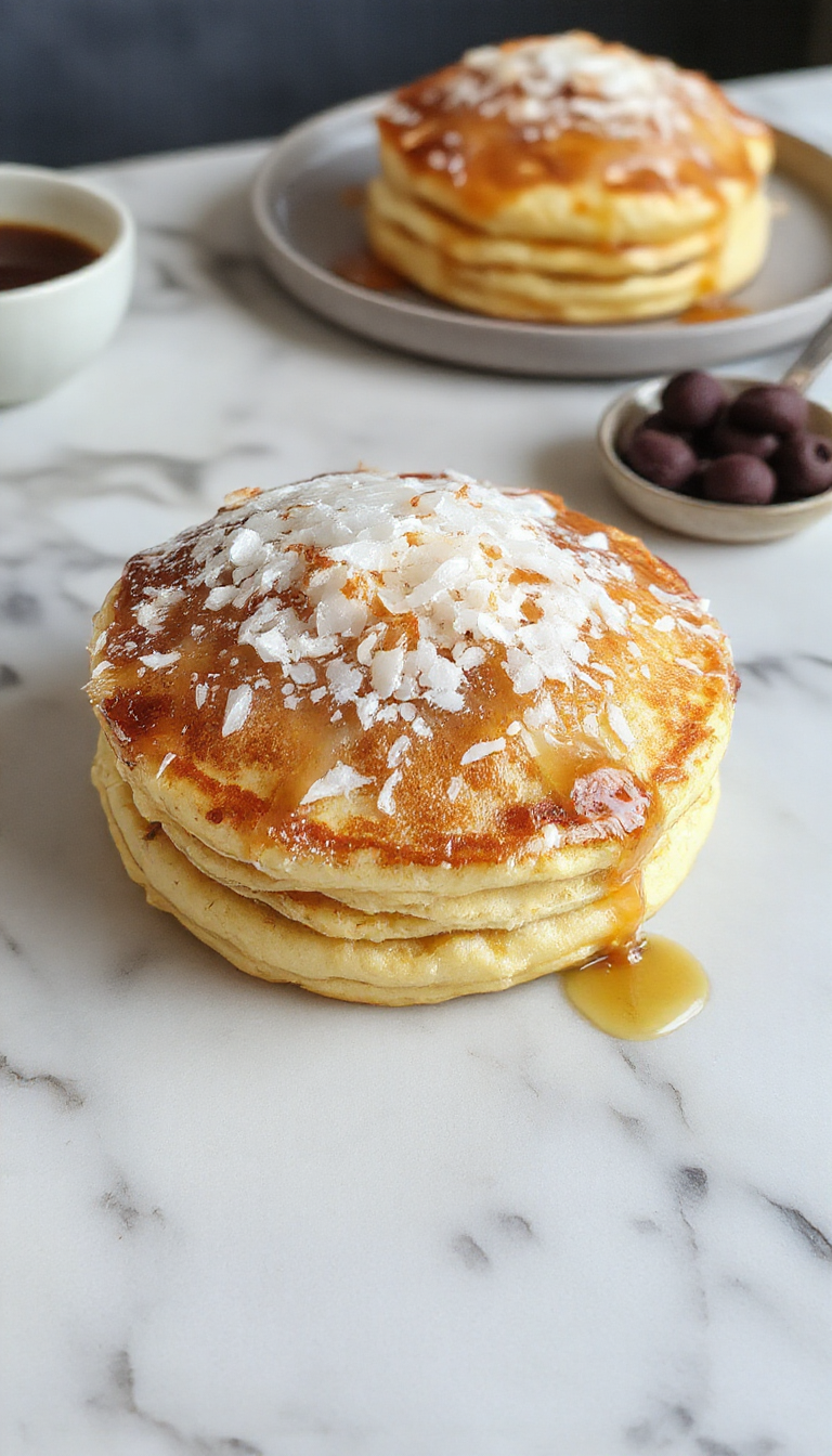 A stack of fluffy coconut cloud pancakes topped with toasted coconut flakes and fresh strawberries, served on a bright breakfast plate.