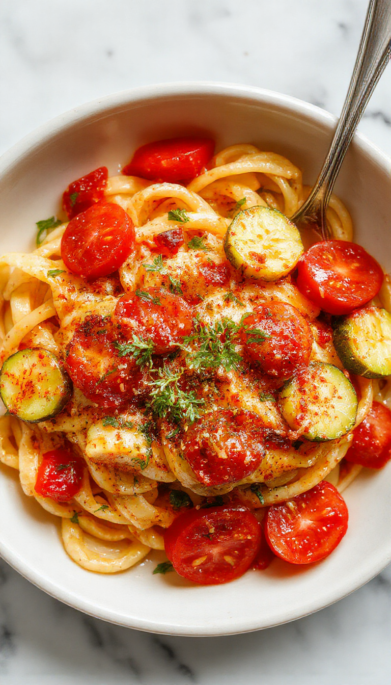 Colorful plate of tomato and zucchini pasta featuring vibrant red tomatoes, bright green zucchini, topped with fresh herbs and drizzled with olive oil, arranged on a rustic white plate with a fork, styled with scattered cherry tomatoes and basil leaves, highlighting fresh ingredients and appetizing textures.