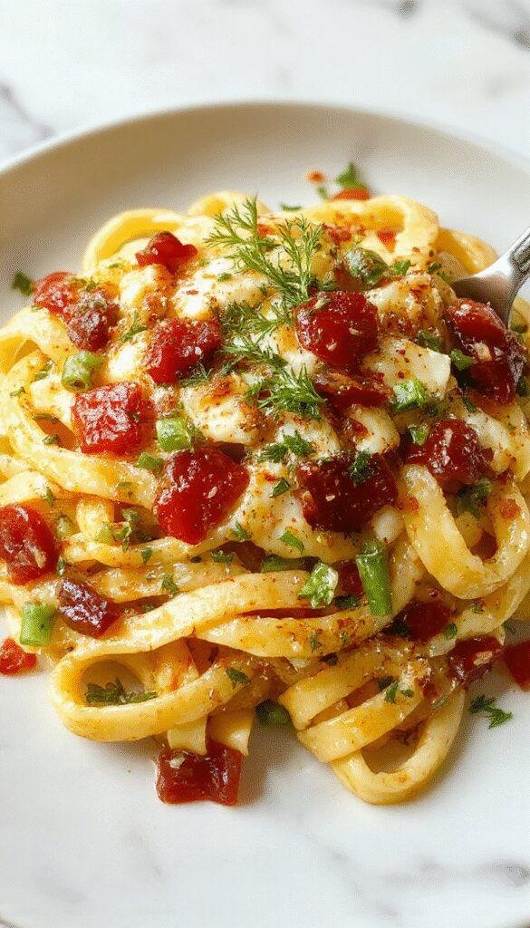 A vibrant plate of pasta primavera featuring spiralized zucchini, cherry tomatoes, bell peppers, and fresh basil on a white ceramic plate, garnished with grated Parmesan cheese and drizzled with olive oil, set against a rustic wooden table with scattered herbs and colorful vegetables