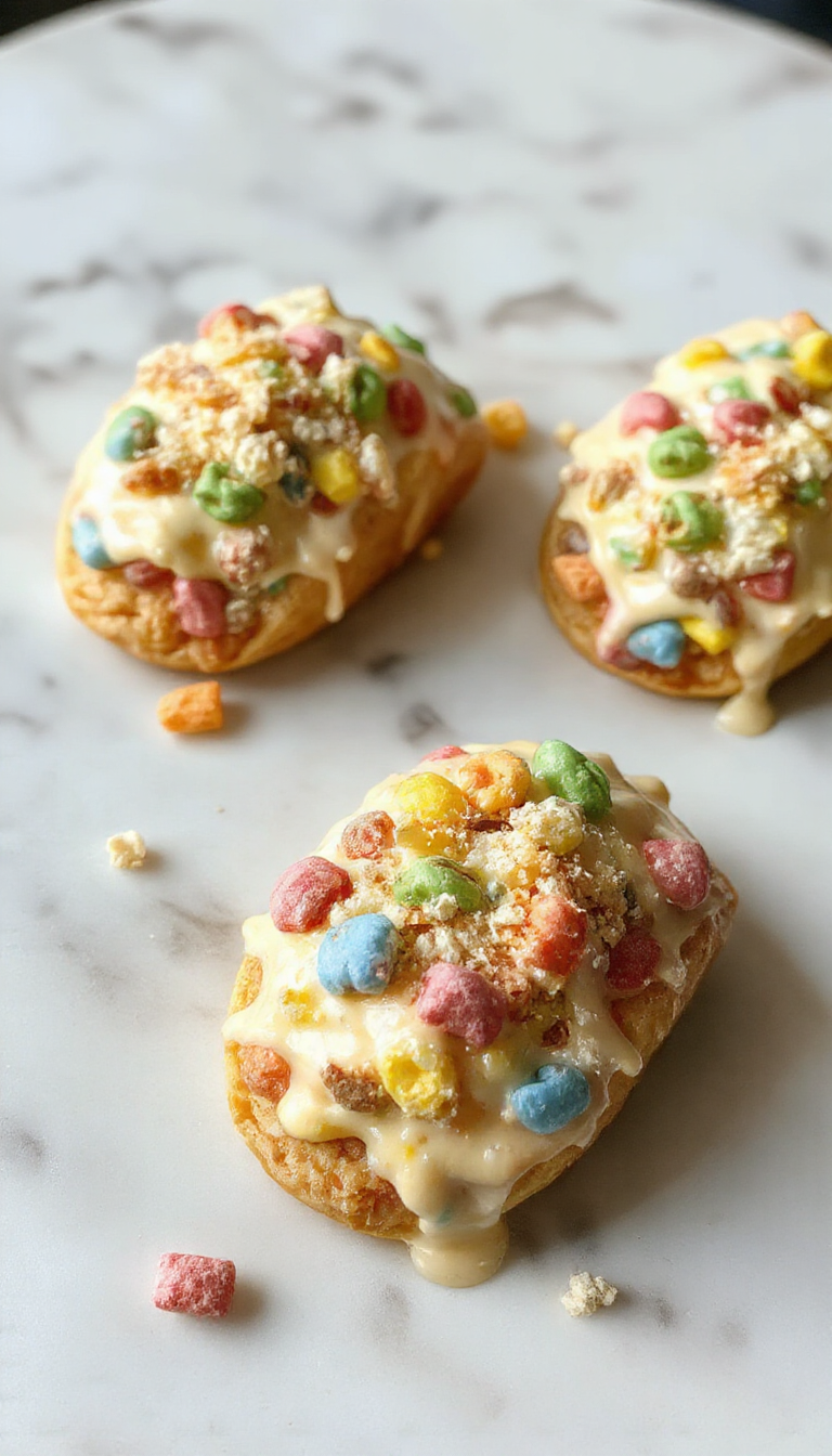 Colorful cheesecake tacos filled with creamy cheery cheesecake mixture topped with vibrant Fruity Pebbles cereal, drizzled with bright fruit syrup, arranged on a white plate with scattered cereal pieces and fresh berries for a lively presentation.
