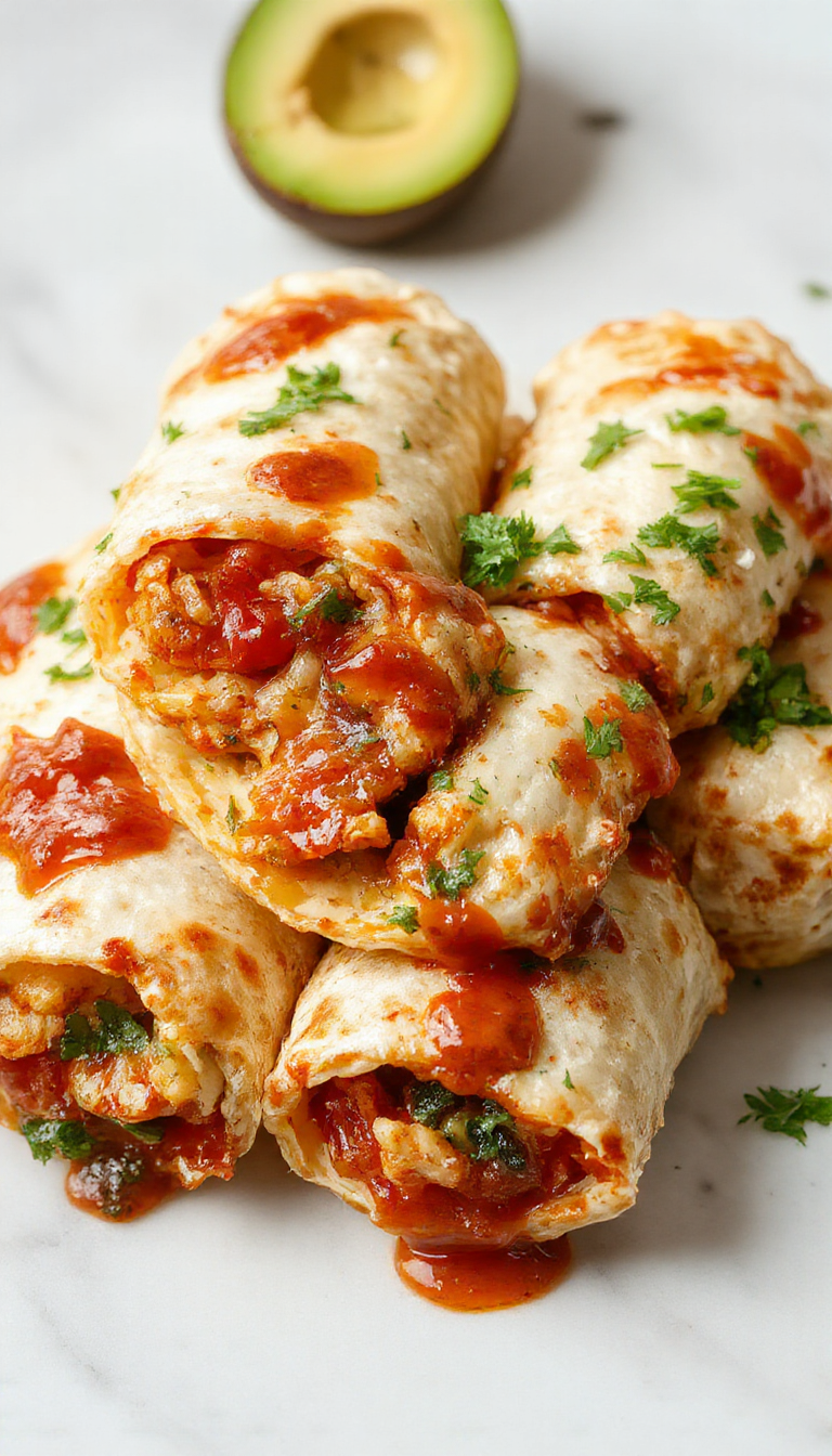 Colorful close-up of golden-brown tortilla pizza rolls sliced open to reveal gooey melted cheese, pepperoni, and vegetables inside, plated neatly on a white dish with a vibrant background.