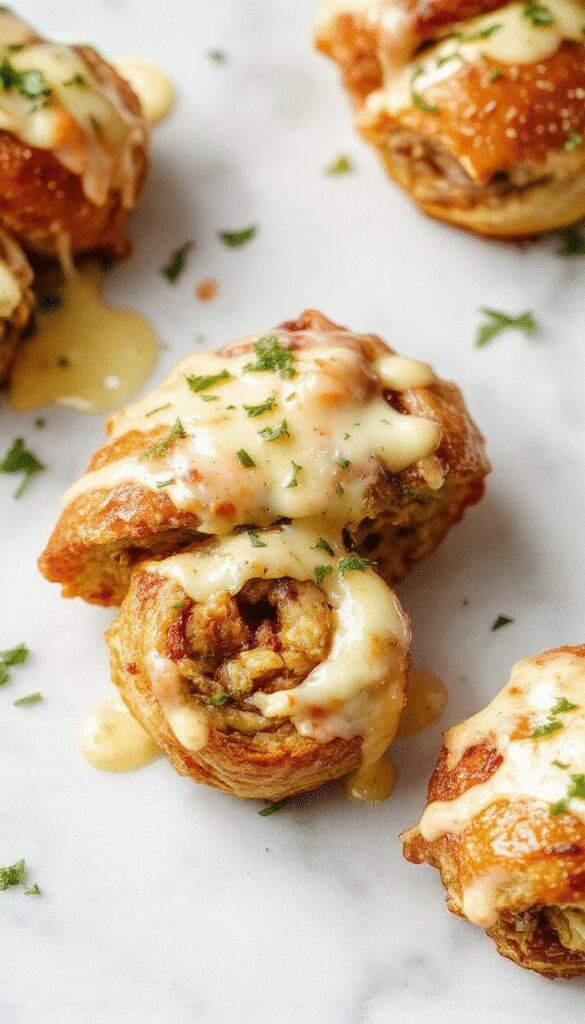 A close-up of golden-brown cheeseburger rollups topped with melted cheese and a sprinkle of fresh herbs, presented on a rustic wooden platter with a drizzle of garlic butter sauce, showcasing the gooey cheese, crispy edges, and vibrant ingredients.