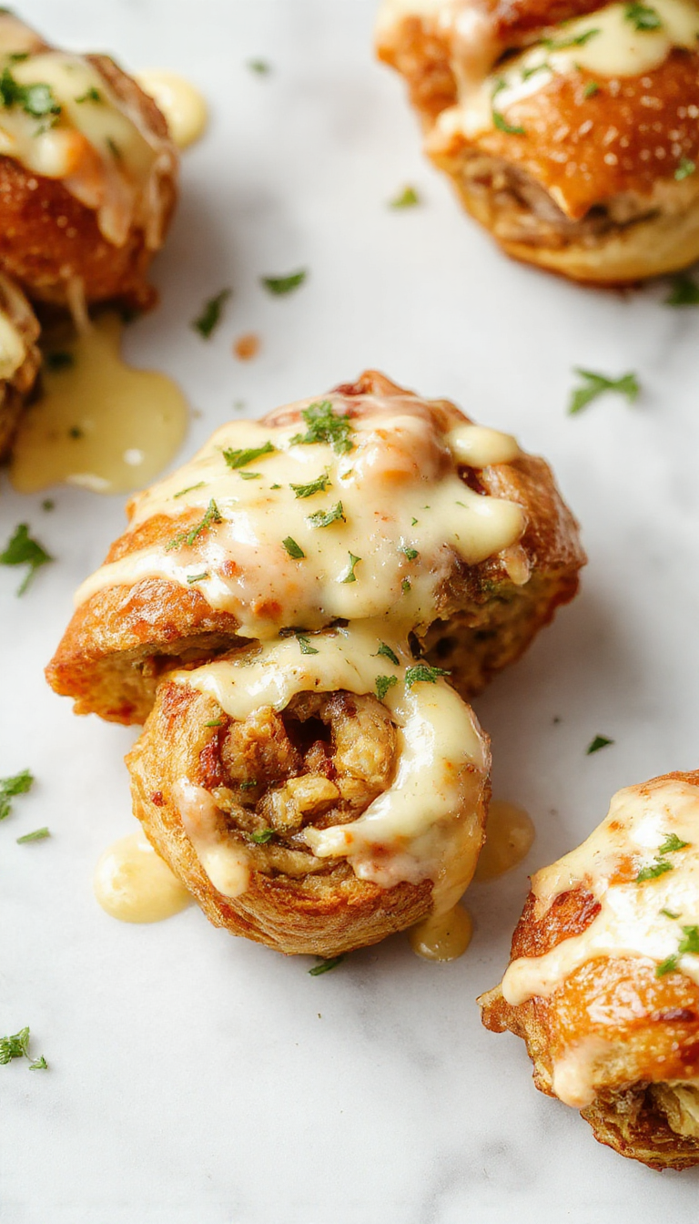 A close-up of golden-brown cheeseburger rollups topped with melted cheese and a sprinkle of fresh herbs, presented on a rustic wooden platter with a drizzle of garlic butter sauce, showcasing the gooey cheese, crispy edges, and vibrant ingredients.