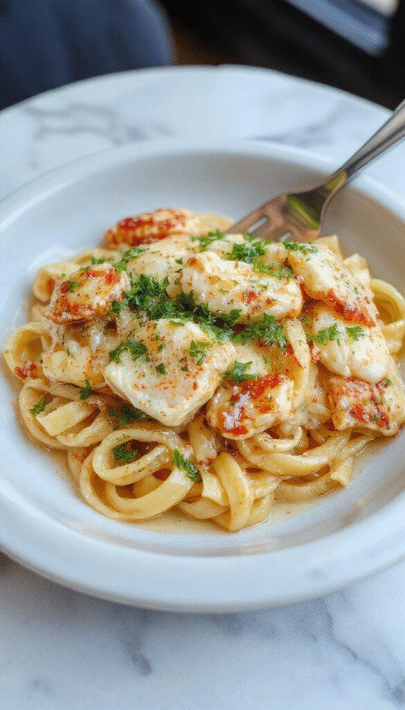 A vibrant plate of garlic butter chicken pasta showcasing tender grilled chicken slices coated in a glossy garlic butter sauce, served on a white plate with fresh parsley garnish, colorful cherry tomatoes, and a sprinkle of Parmesan cheese, set against a rustic wooden table with a fork resting on the side.