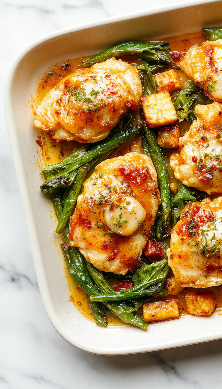 Colorful sheet pan dinner featuring golden-brown garlic butter chicken breasts surrounded by vibrant roasted vegetables like bell peppers, broccoli, and cherry tomatoes, all beautifully arranged on a rustic white platter with a sprig of fresh herbs and a drizzle of garlic butter sauce, creating an inviting and savory culinary scene.
