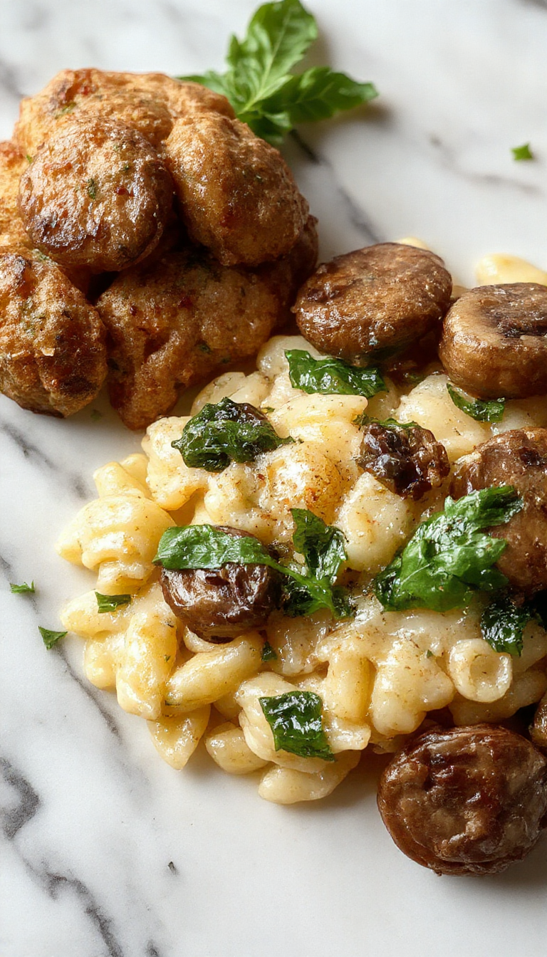 A vibrant plate of creamy garlic butter orzo garnished with sautéed mushrooms and fresh spinach, served in a rustic white bowl on a wooden table, with golden-brown mushrooms, bright green spinach, and a sprinkle of herbs, showcasing a rich and appetizing texture with a colorful and inviting presentation.
