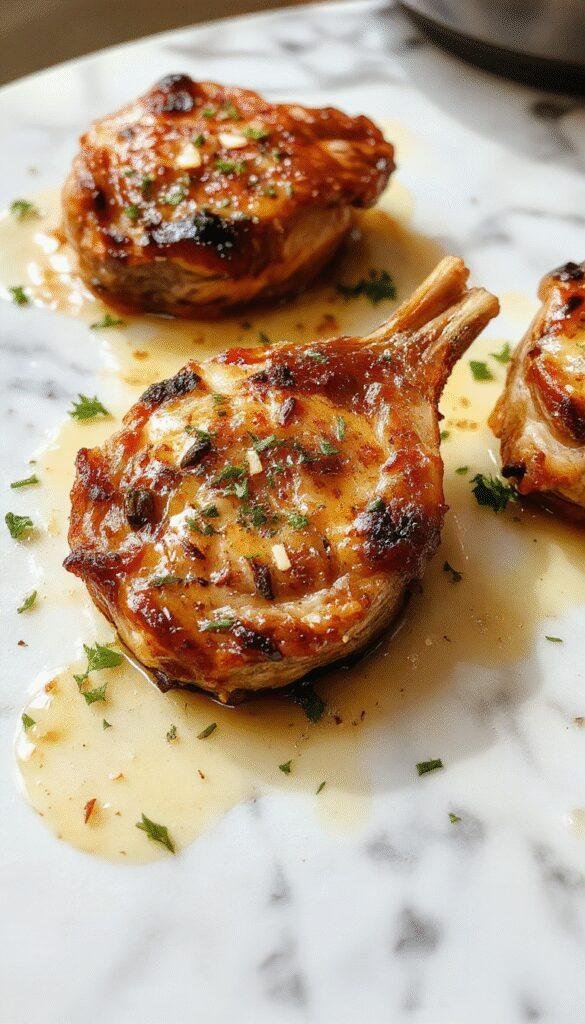 A close-up of golden-brown pork chops with crispy edges, glazed with garlic butter sauce, garnished with fresh parsley on a rustic white plate, with a side of roasted vegetables and lemon wedges