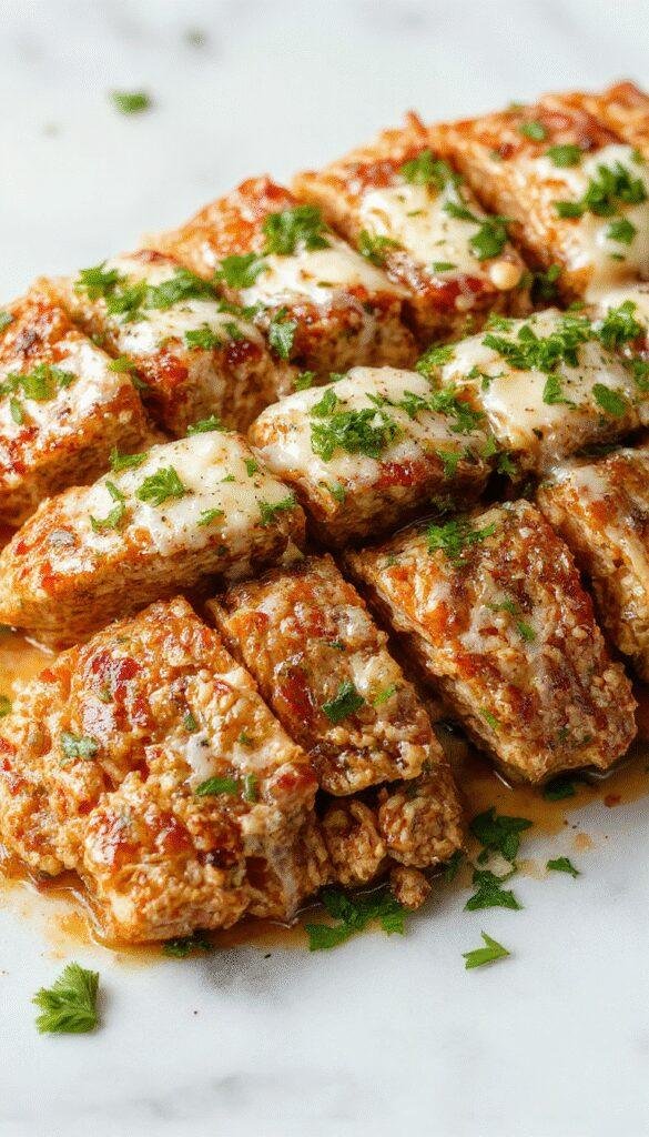 A golden-brown chicken meatloaf topped with melted parmesan cheese and fresh garlic, sliced to reveal a moist interior with herbs, served on a elegant white plate with parsley garnish, styled with a rustic wooden background and bright natural lighting highlighting the textures.