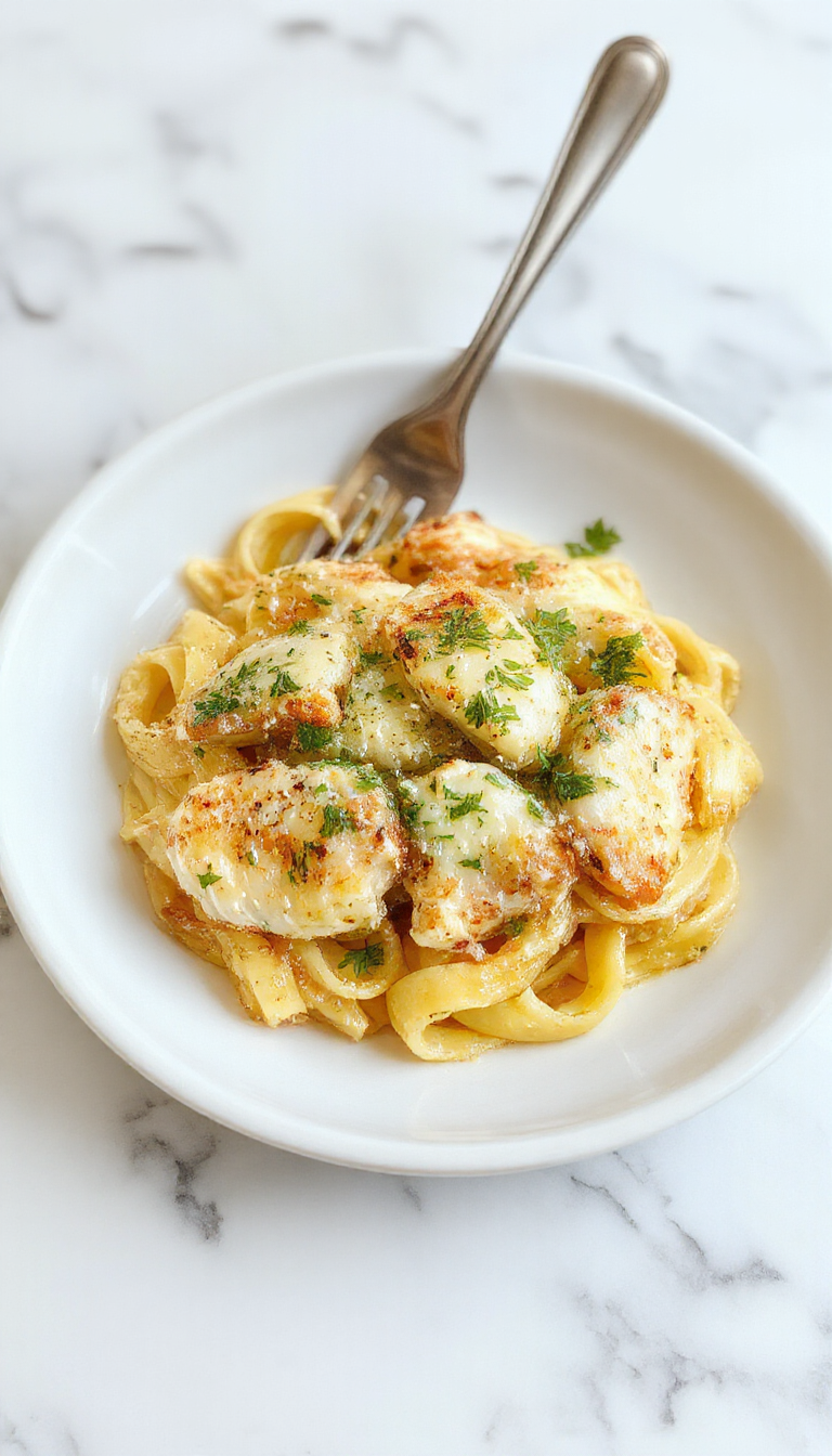 A vibrant plate featuring tender garlic chicken slices atop al dente pasta, generously coated in creamy parmesan sauce, garnished with fresh parsley and a sprinkle of grated cheese, set on a rustic wooden table with a knife and fork alongside colorful vegetables and a lemon wedge for garnish.
