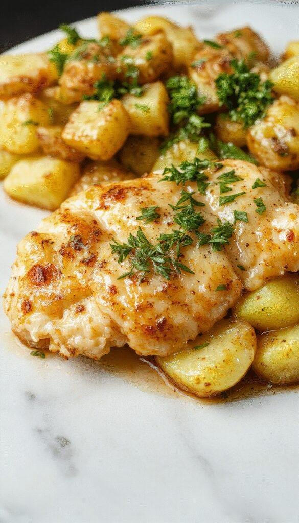 A close-up of a beautifully plated garlic parmesan chicken and roasted potatoes, topped with fresh parsley and grated parmesan cheese. The chicken has a golden-brown crust, while the potatoes are crispy on the edges, garnished with lemon wedges and sprigs of herbs. The vibrant colors and textures highlight a savory, cheesy meal styled on a rustic wooden table.