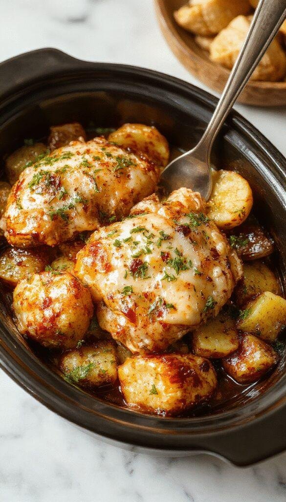 A colorful plate featuring tender shredded chicken and roasted potatoes topped with golden garlic and parmesan cheese, garnished with fresh herbs, on a rustic wooden table with a cozy, inviting atmosphere.