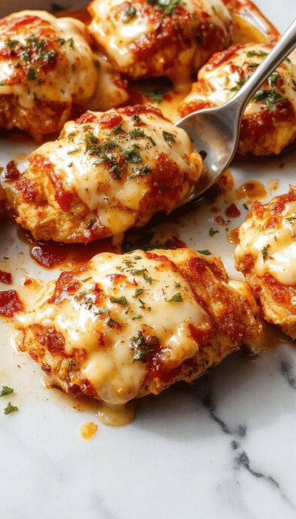 A golden-baked chicken parmesan served on a plate with melted cheese and marinara sauce, garnished with fresh basil.