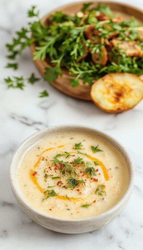 A warm bowl of Golden Comfort Creamy Cheddar & Herb Potato Soup garnished with fresh herbs, served with crusty bread on a rustic table.