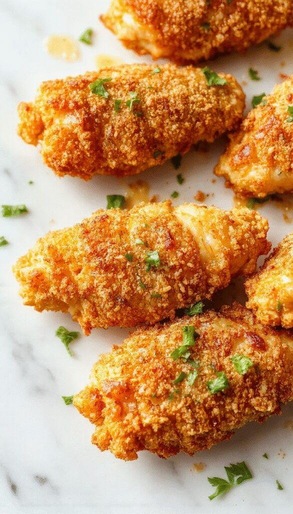Golden crispy baked chicken strips on a plate garnished with herbs and accompanied by dipping sauces.