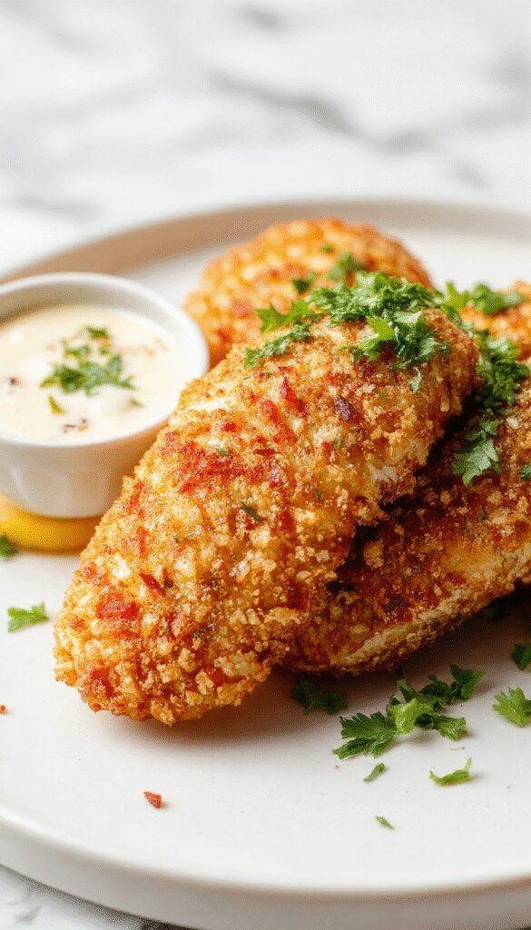Golden crispy baked chicken tenders arranged on a platter with dipping sauces, garnished with fresh herbs