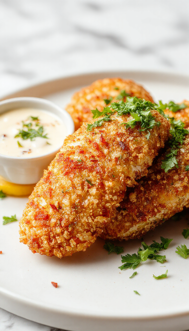 Golden crispy baked chicken tenders arranged on a white plate with dipping sauces, garnished with herbs