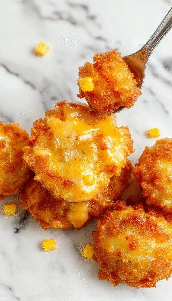 Golden crispy cheesy corn fritters on a rustic plate garnished with herbs, showcasing their crunchy exterior and melting cheese inside.