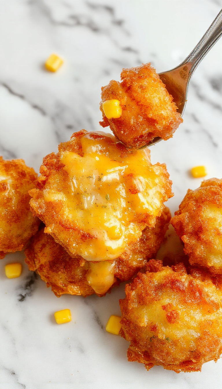 Golden crispy cheesy corn fritters on a rustic plate garnished with herbs, showcasing their crunchy exterior and melting cheese inside.