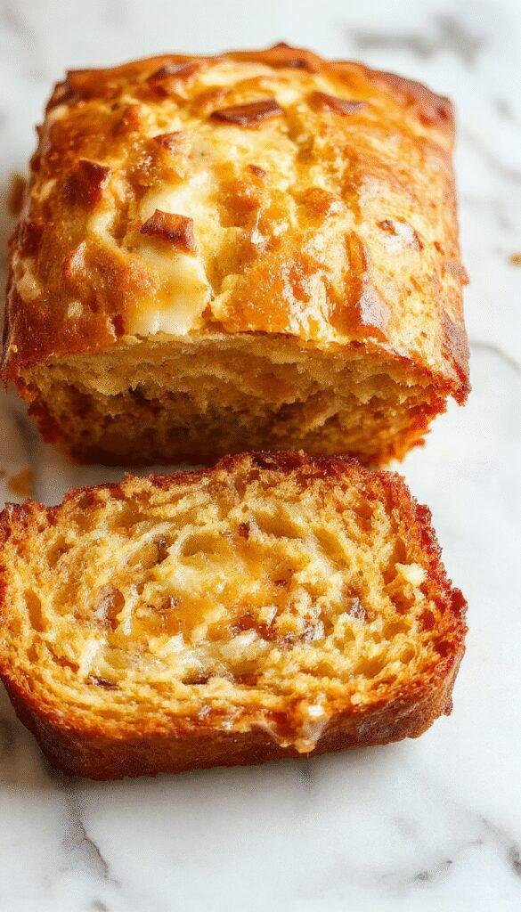 A freshly baked loaf of Golden Honey Vanilla Banana Bread sliced to reveal its fluffy, moist interior, garnished with a drizzle of honey and banana slices.